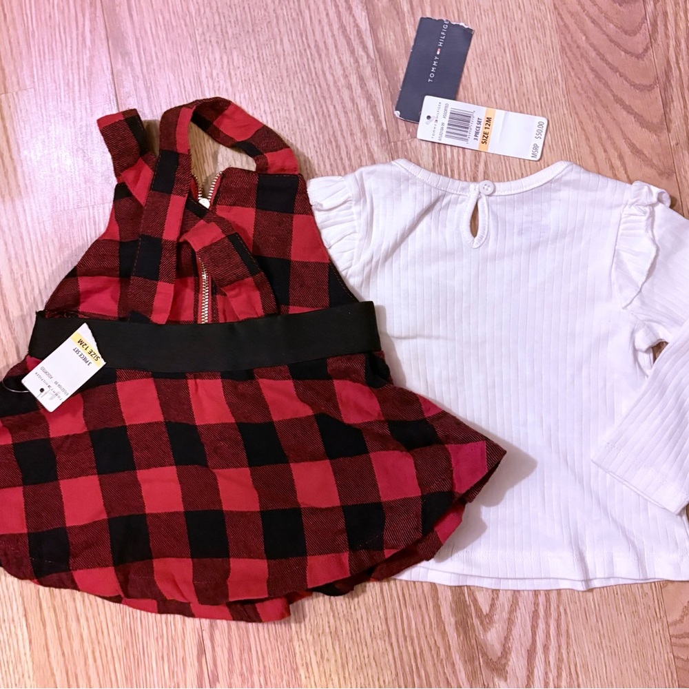 NWT Tommy Hilfiger Red & Black Flannel Dress W/White Long Sleeve Top SZ 12 Month - Picture 8 of 10